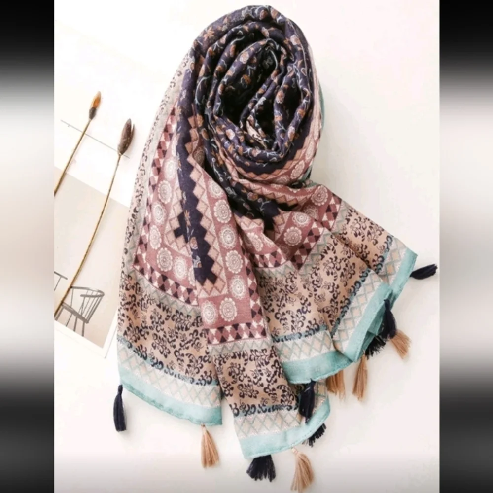 Boho Floral Geometric Patterned Spring Summer Lightweight Scarf Cotton Blend